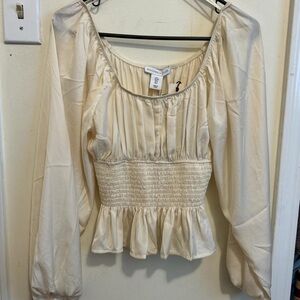 Cream Cottagecore Blouse with Smocked Waist